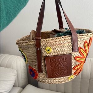 Loewe Floral Embroidered Straw Tote - Brown and Multicolor